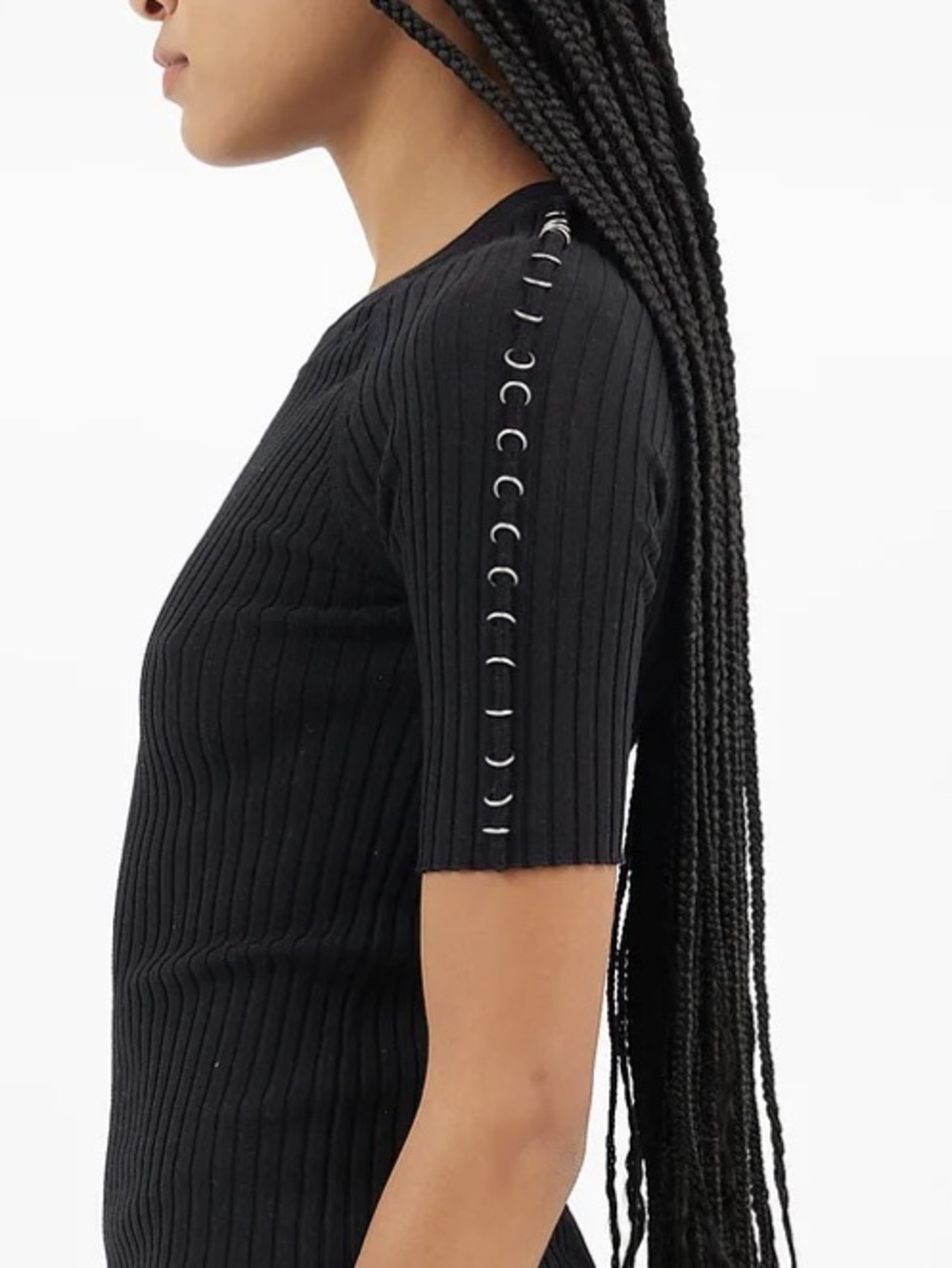 Alexander Wang Black Cotton Ribbed & Silver Ring Embellished S/S Sweater, Sz XS